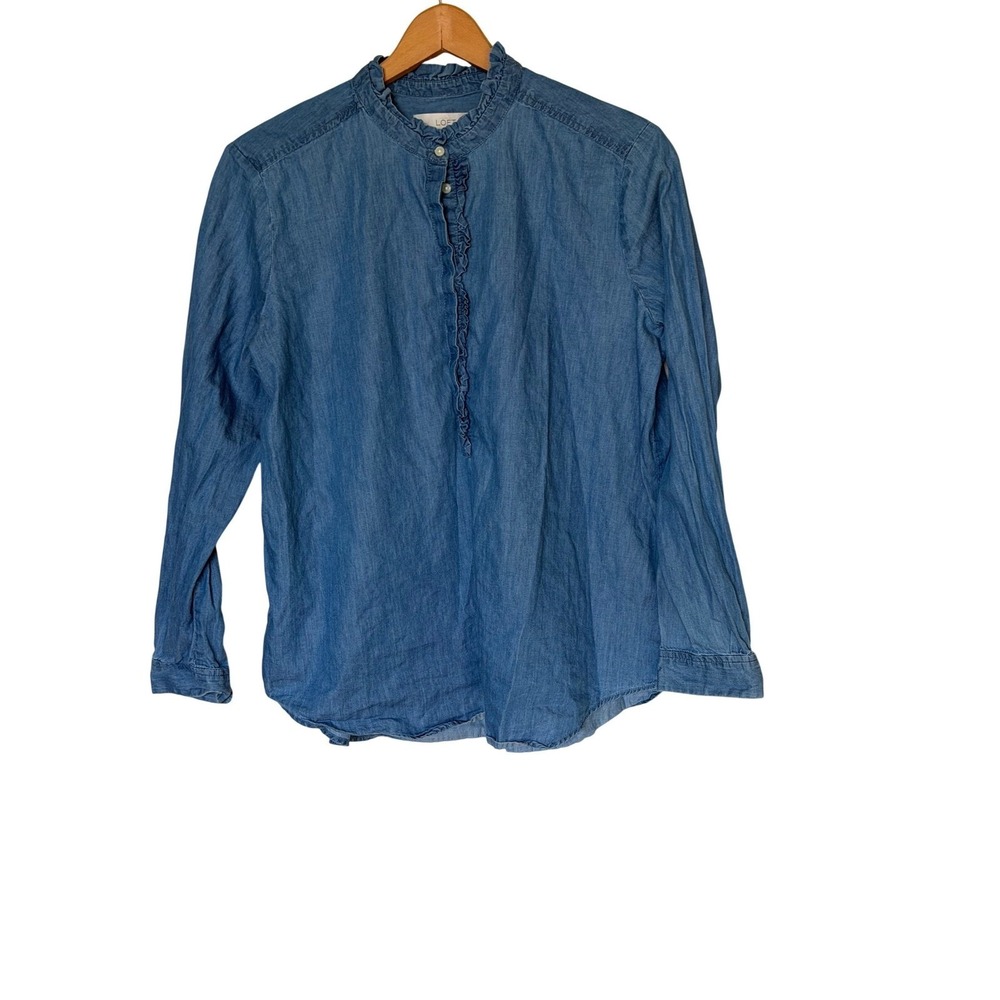 LOFT Chambray Blouse Women XL Blue Ruffle Collar Long Sleeve Cotton 422458